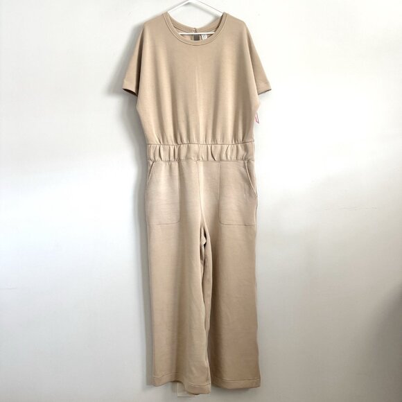 NEW Spanx Air Essentials Short Sleeve Crop Wide Leg Jumpsuit Beige Tahini Sz XL - Picture 2 of 9
